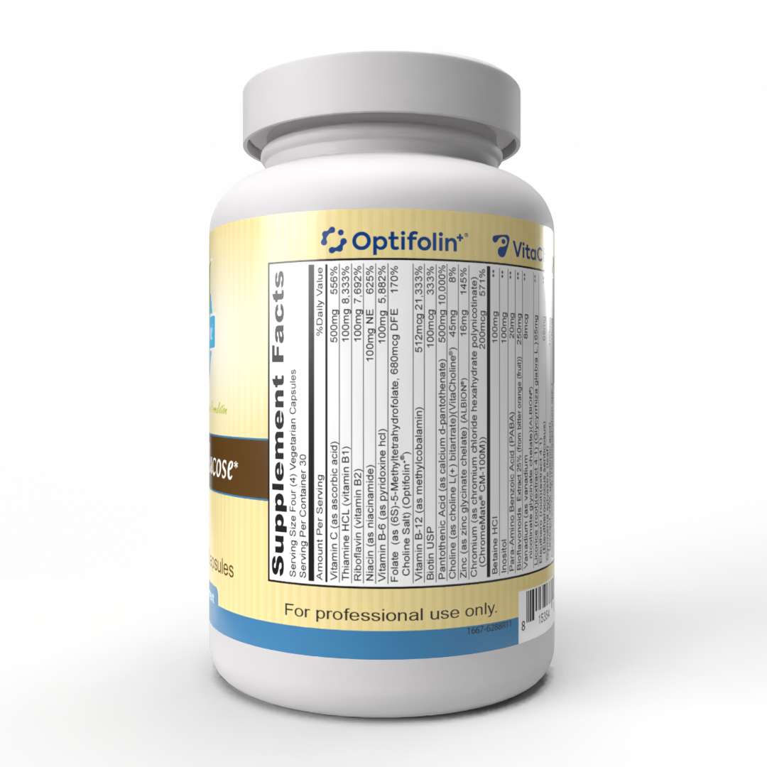 Glucosa Saludable (120 Cápsulas Vegetarianas) Nuestros suplementos para el metabolismo del azúcar que cuentan con una formulación de complejo B. Promueven el metabolismo saludable de la glucosa.