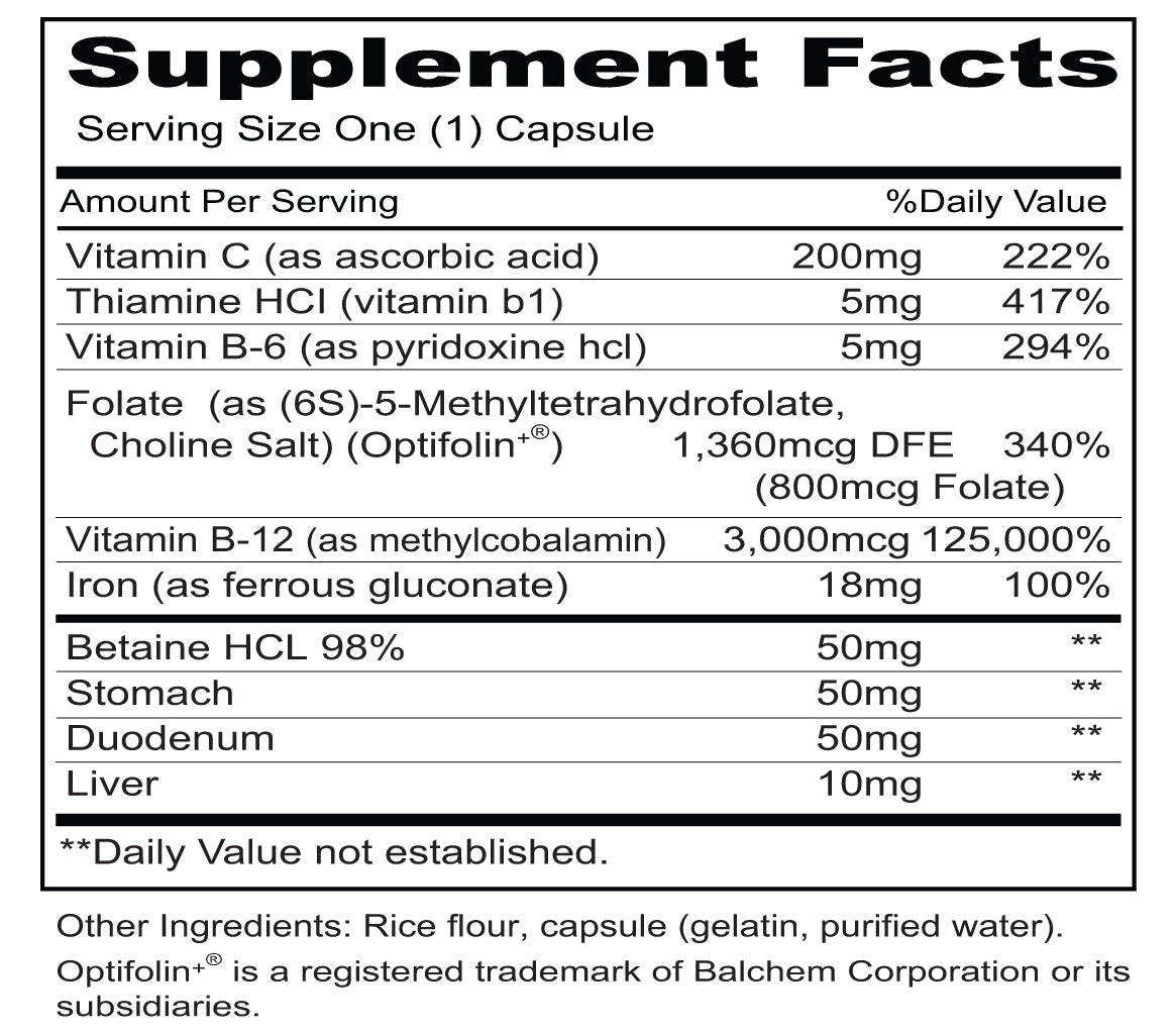 Hemo-X™ | Optifolin+® Active Folate, Methylcobalamin B12, Ferrous Gluconate Iron & Haematopoietic Glandulars | 120 Capsules
