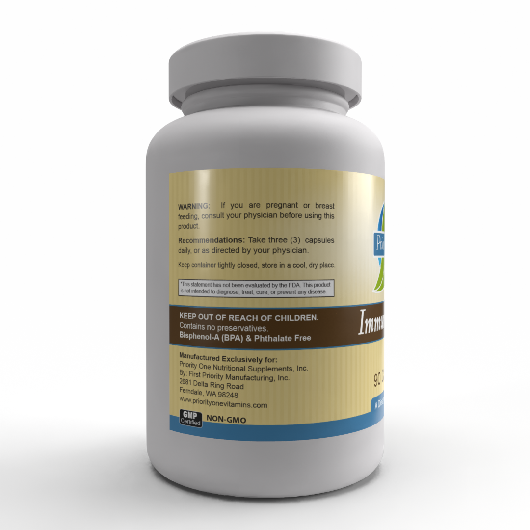 Immuno Caps (90 cápsulas) Las Immuno Caps de Priority One están diseñadas para respaldar la respuesta inmune normal del cuerpo y ayudar a mantener la actividad normal de los glóbulos blancos.*