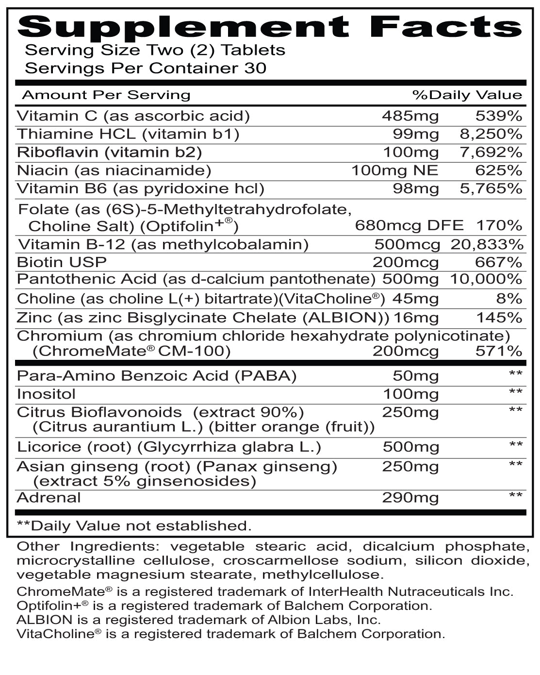Mega Stress Tablets: una fórmula de complejo B clínicamente dosificada con apoyo suprarrenal.* 