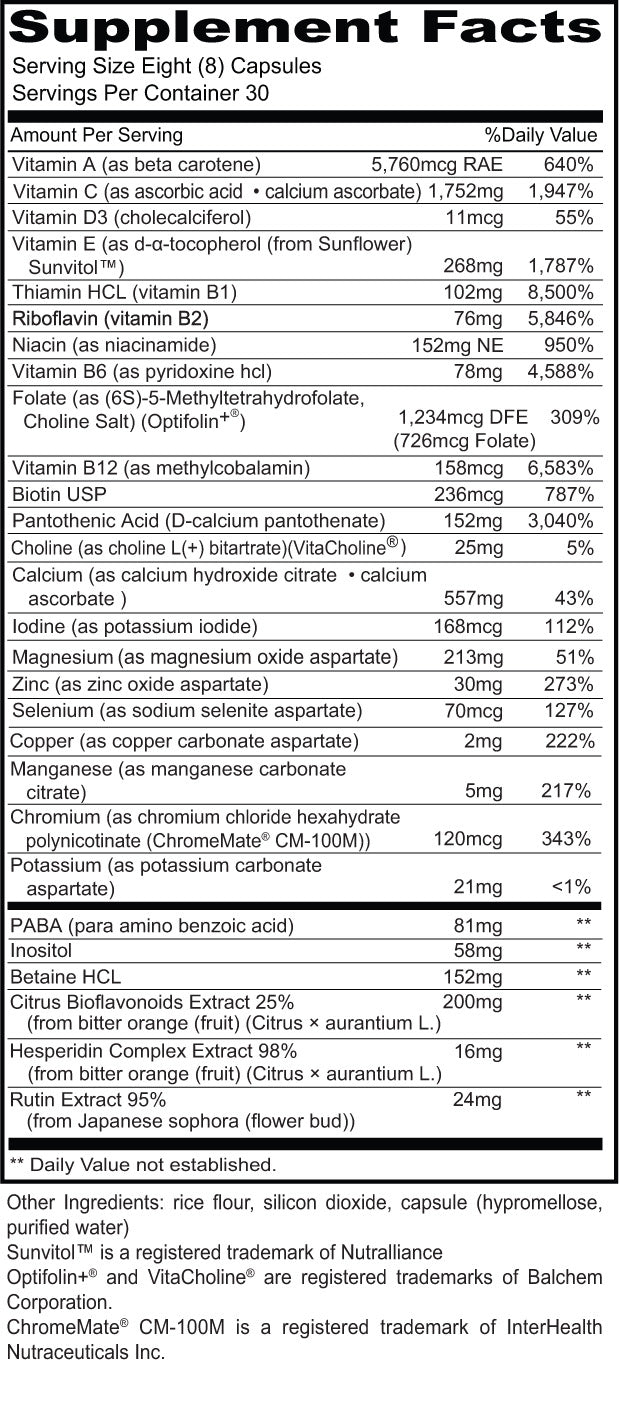 Multi Complex | Optifolin+®, Sunvitol™ & ChromeMate® Iron-Free Multivitamin with Full B Complex | 240 Vegetarian Capsules