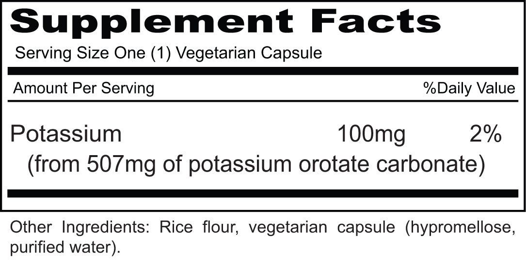 Potassium Orotate (100 Vegetarian Capsules) Potassium Orotate provides a well absorbed source of potassium, an essential mineral.*