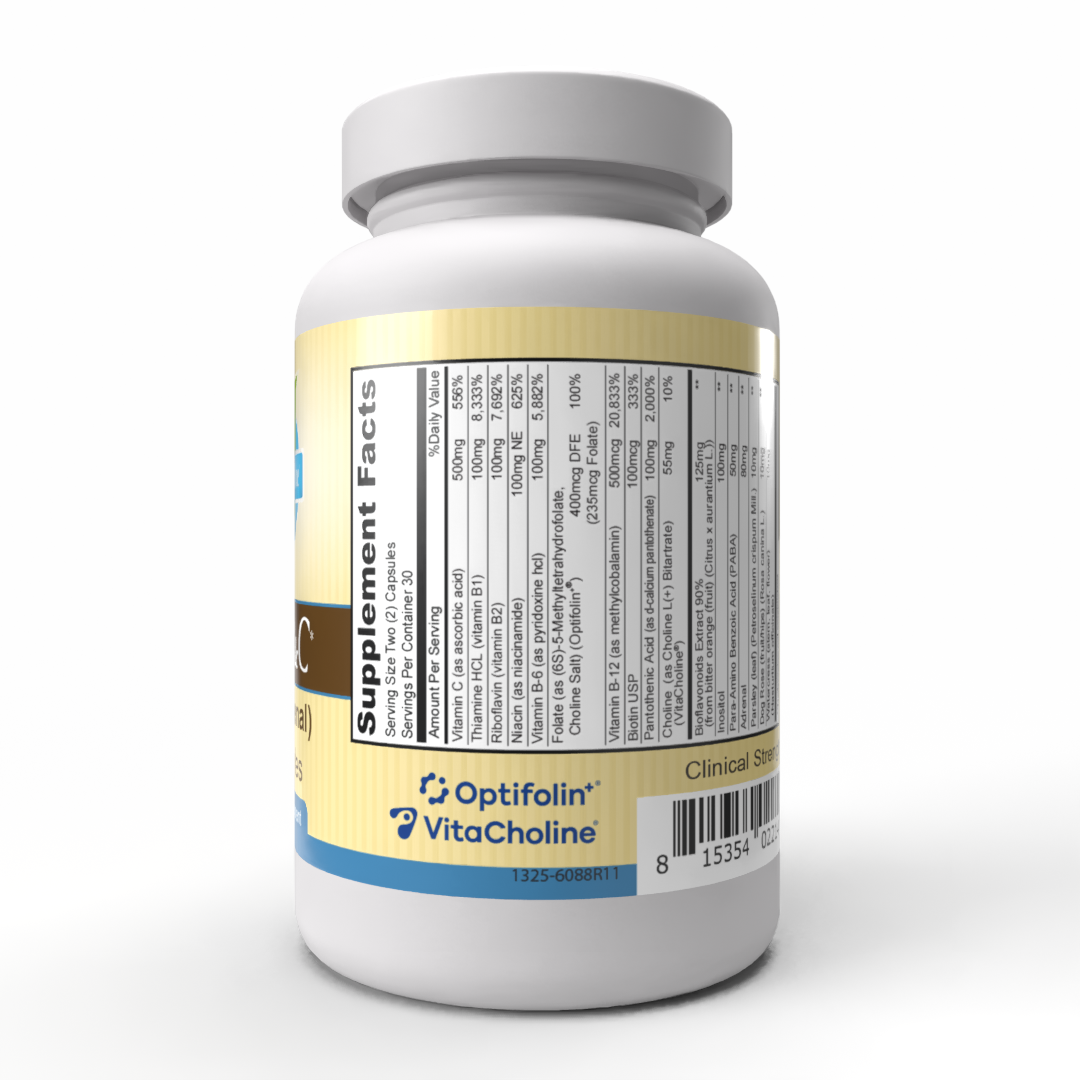 Estrés B y C: los suplementos de vitamina B y C brindan apoyo para el estrés y las glándulas suprarrenales.*