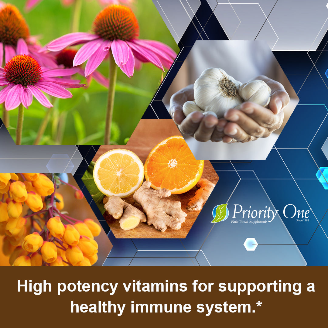 images showing beautiful echinacea, hands holding garlic bulbs, freshly cut orange, lemon along with ginger, barberry flowers. High potency vitamins for supporting a healthy immune system.