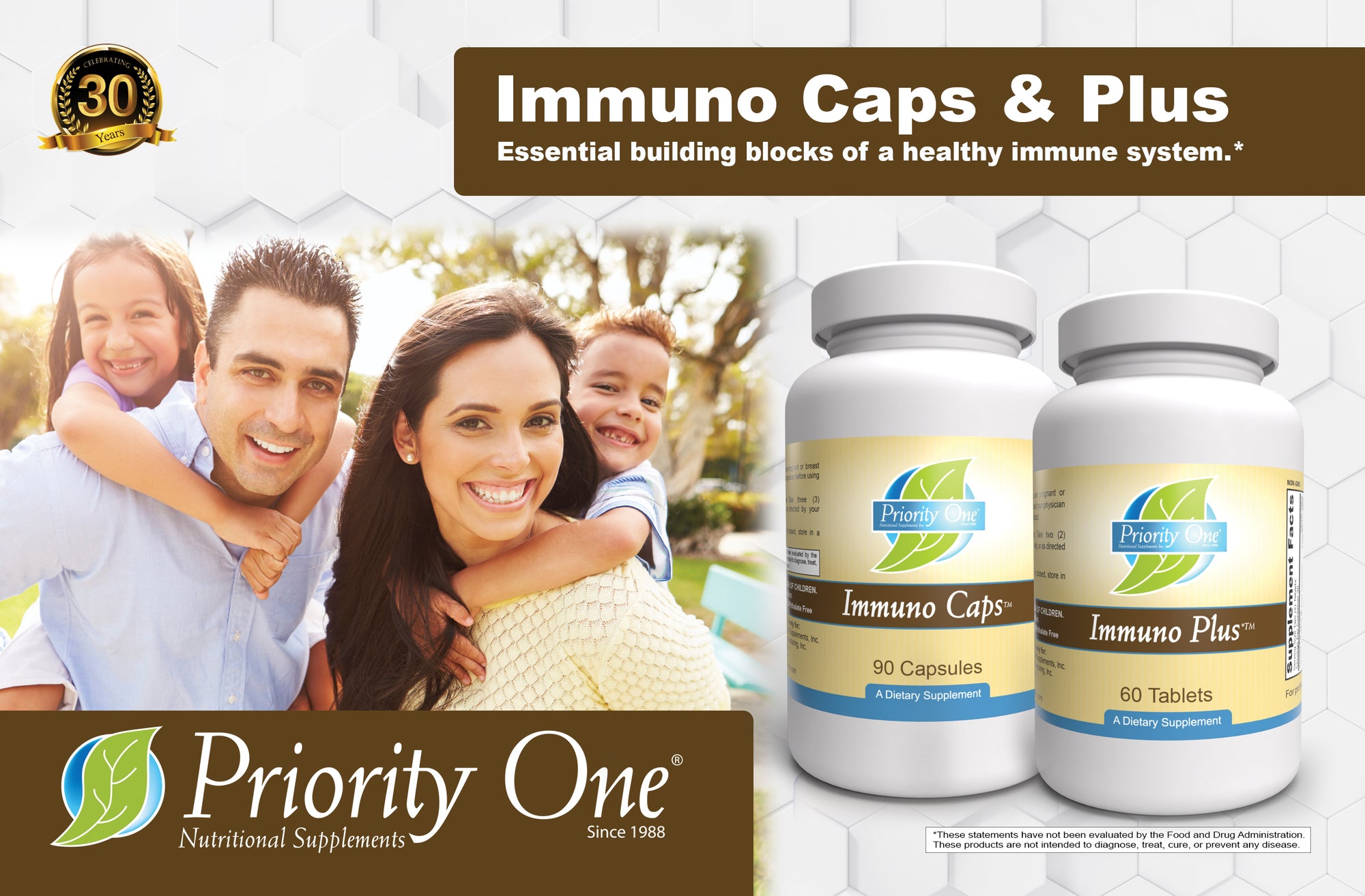 Smiling family picture with children, bottle pictures of Immuno Caps and Immunp Plus, Essential building blocks of a healthy immune system.