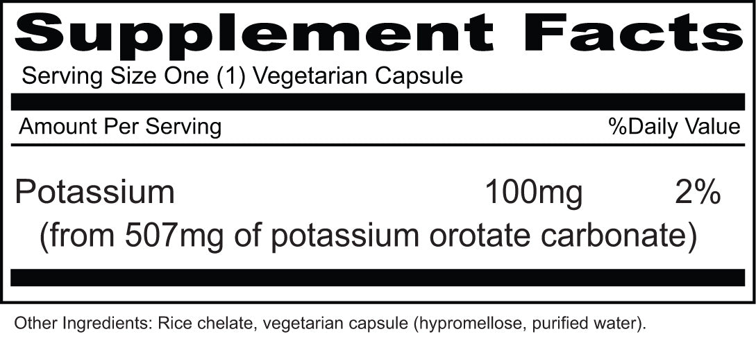 Orotato de potasio (100 cápsulas vegetarianas) El orotato de potasio proporciona una fuente de potasio que se absorbe bien, un mineral esencial.*